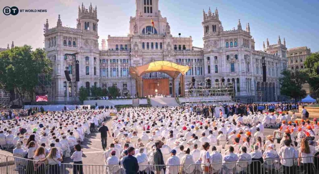 Crowds of nearly one million gathered across Madrid for the pope’s flower-lined procession